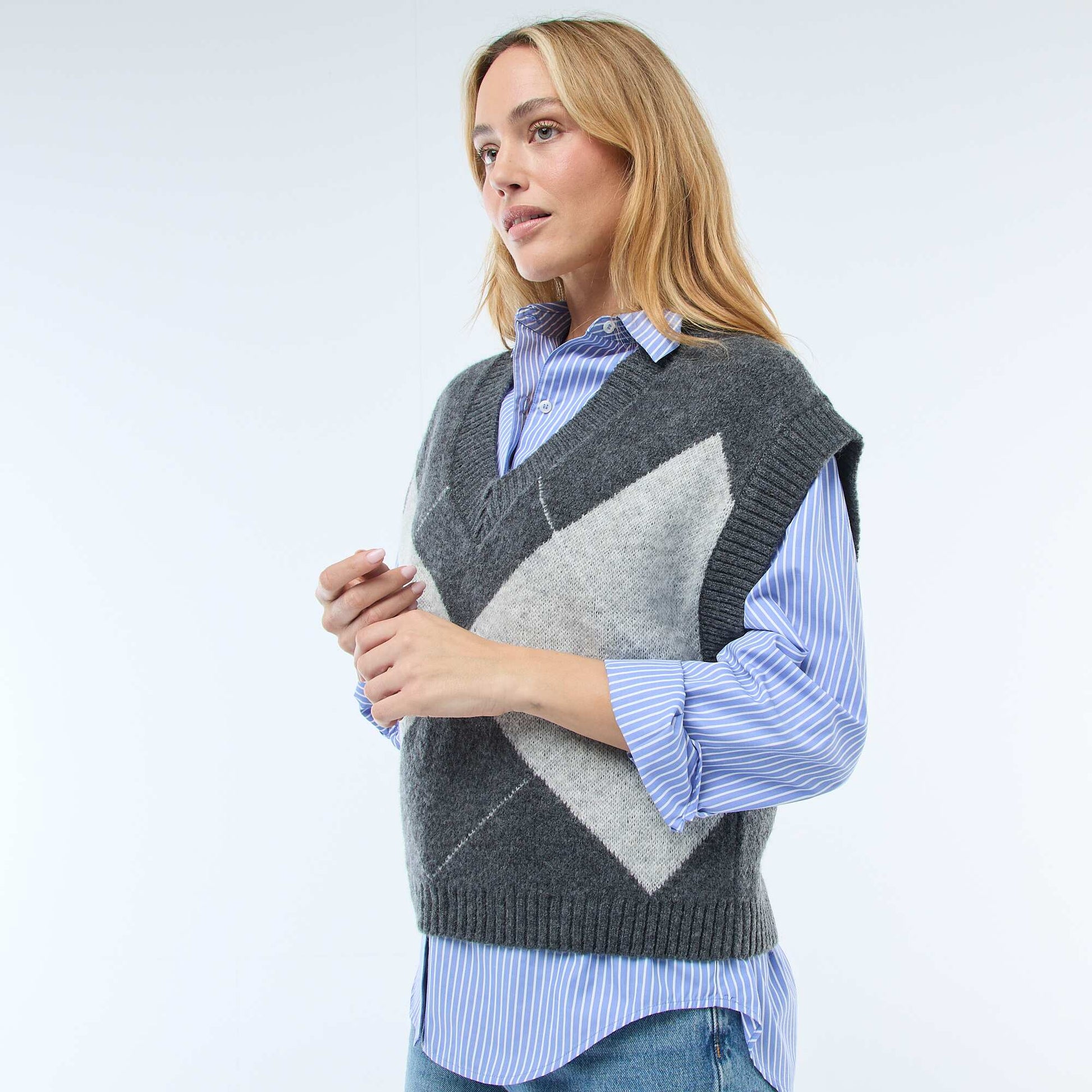 Pull sans manches à motifs losanges GRIS