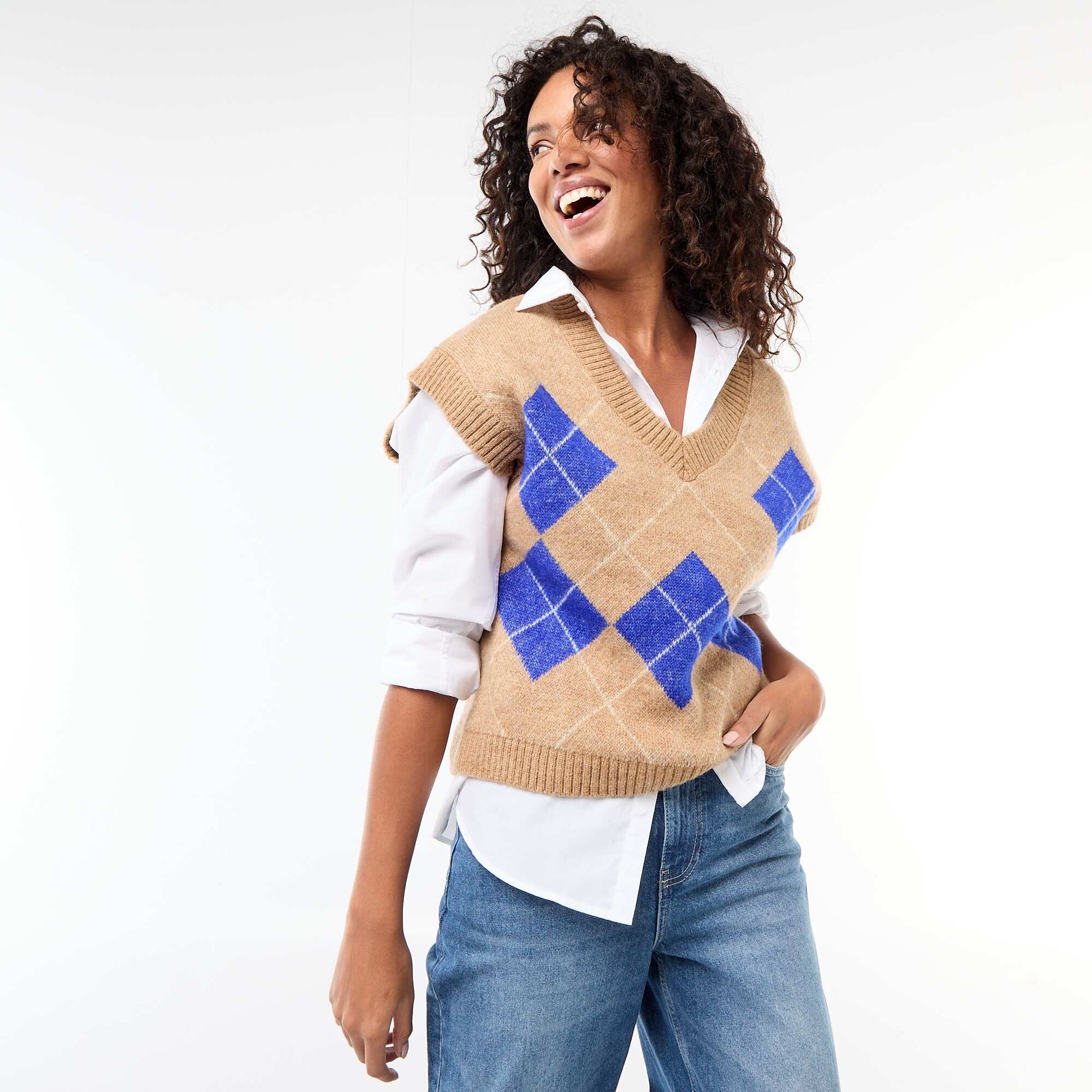 Pull sans manches à motifs losanges BEIGE