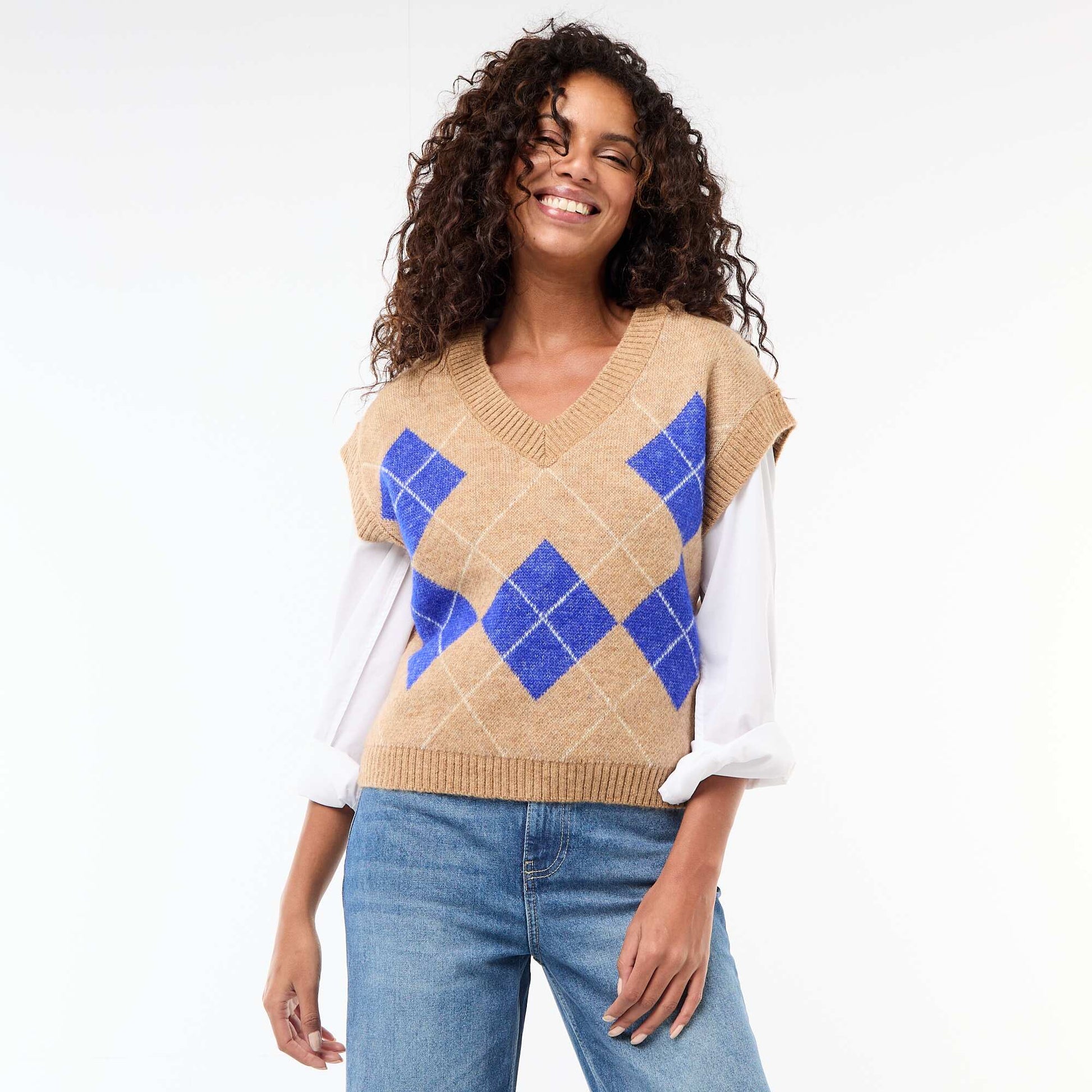 Pull sans manches à motifs losanges BEIGE