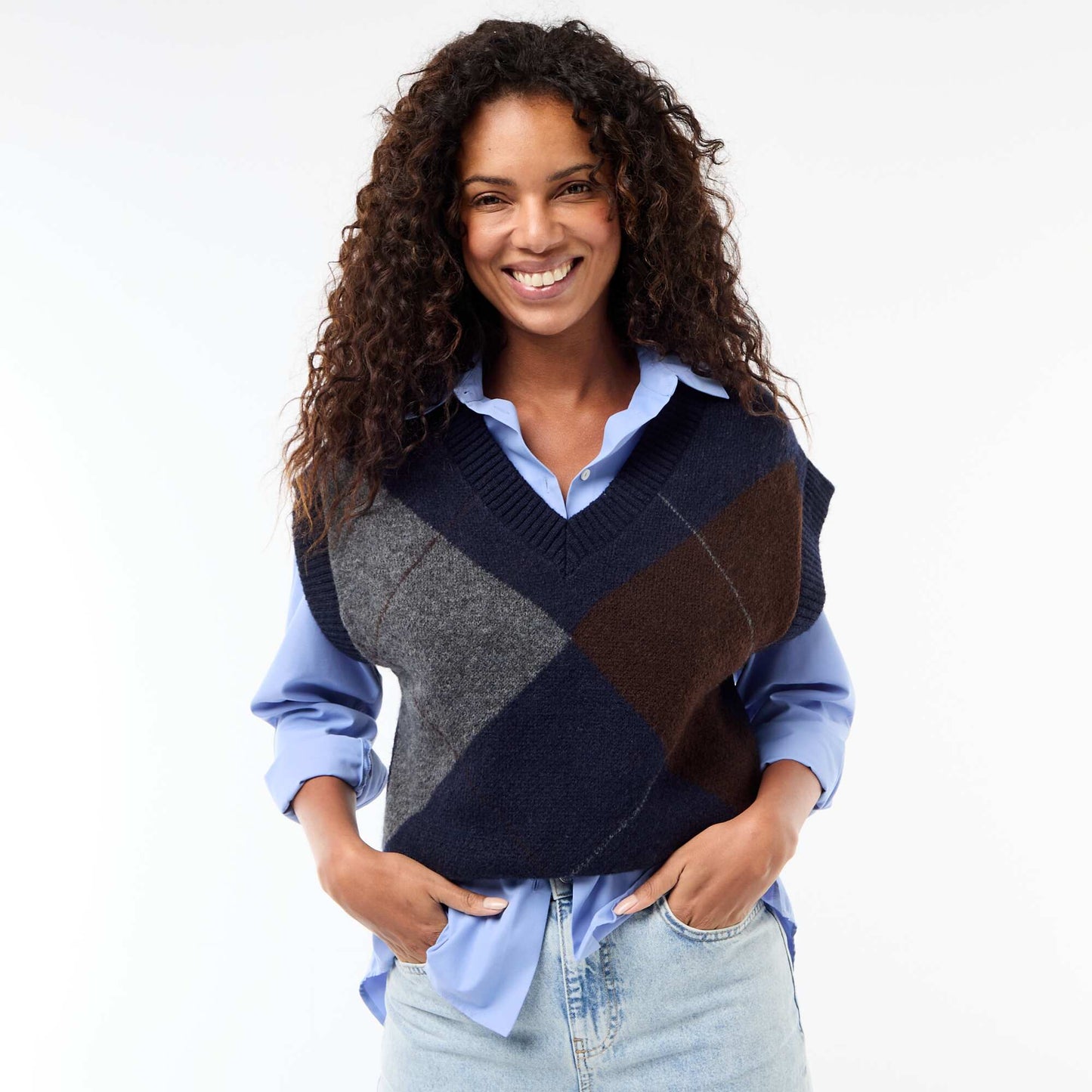 Pull sans manches à motifs losanges BLEU MARINE
