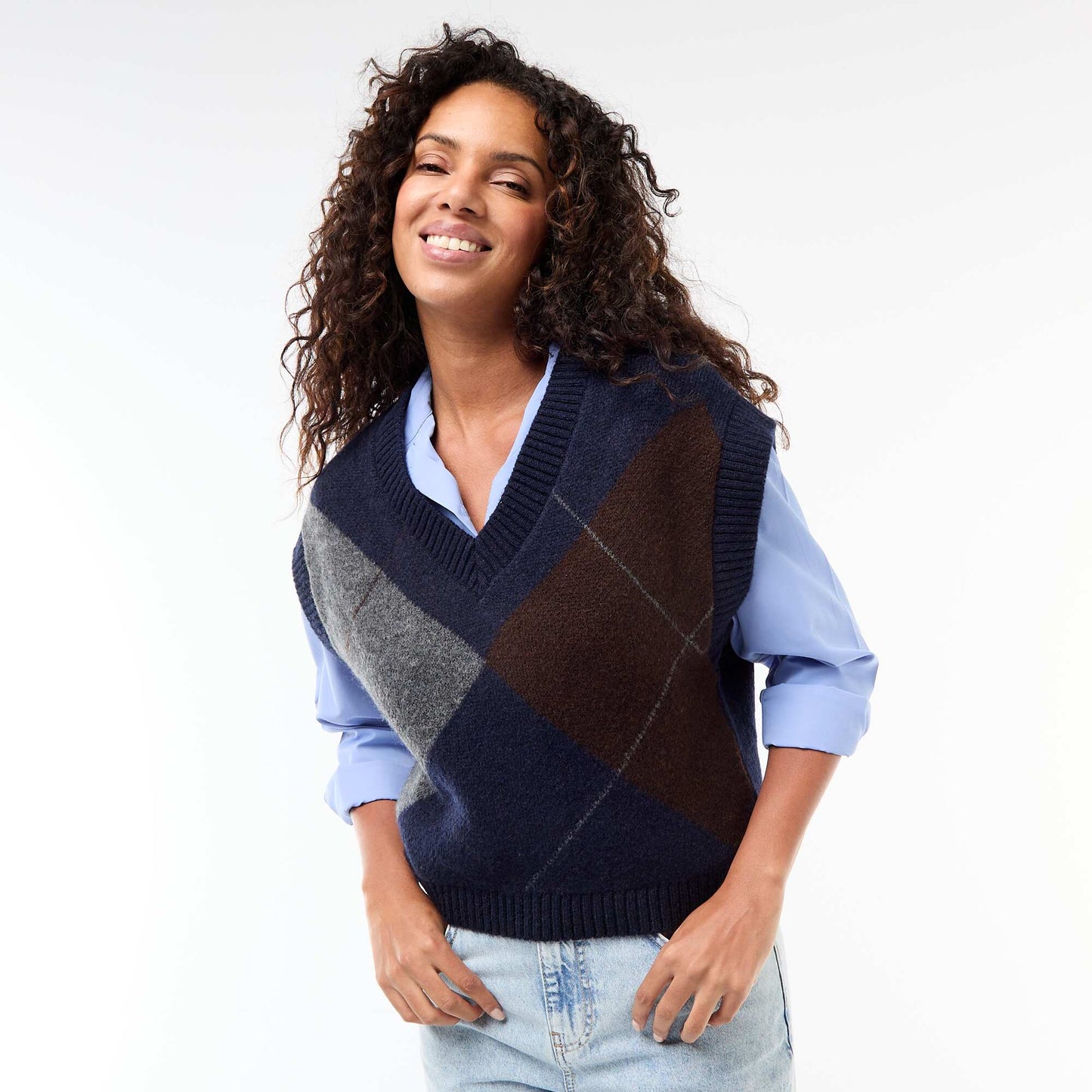 Pull sans manches à motifs losanges BLEU MARINE