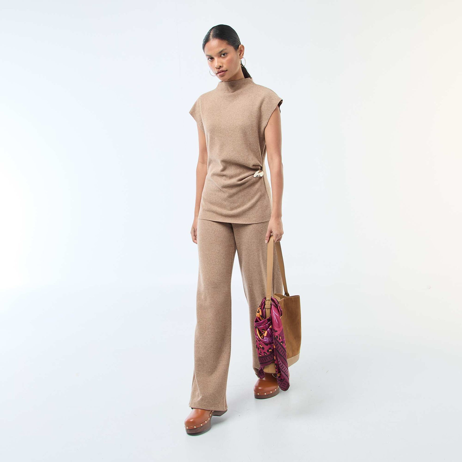 Pantalon wide leg en maille doudou BEIGE
