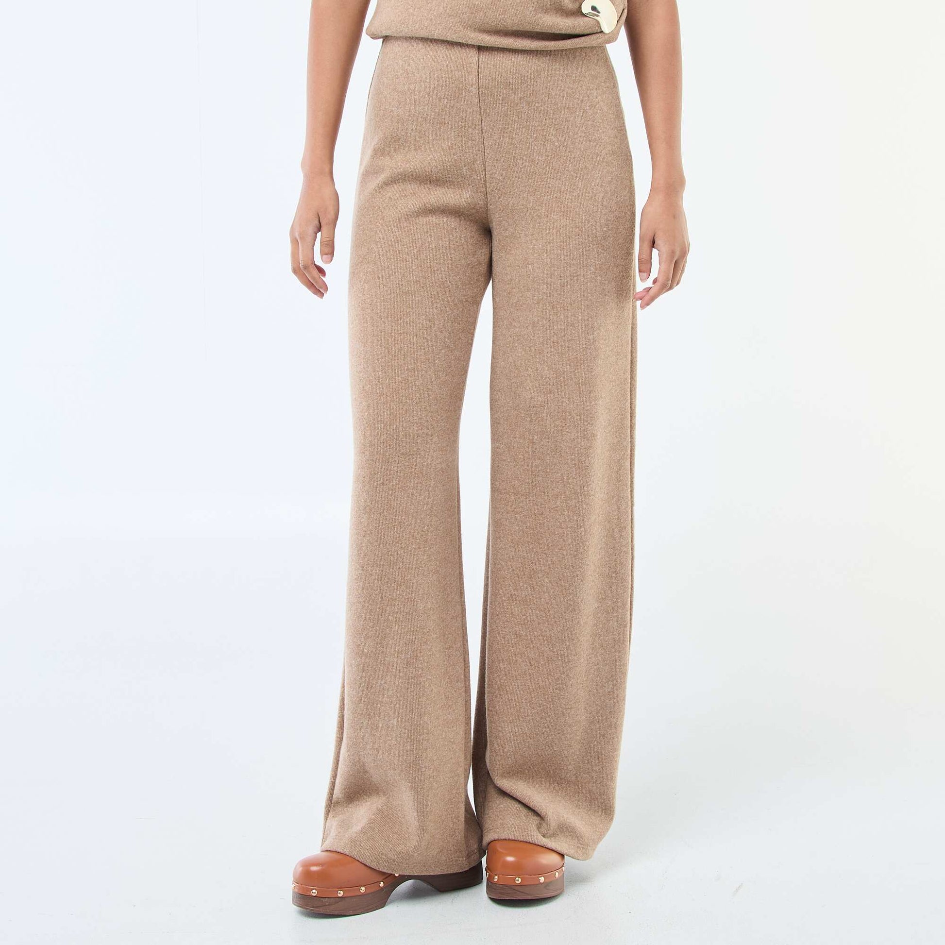 Pantalon wide leg en maille doudou BEIGE