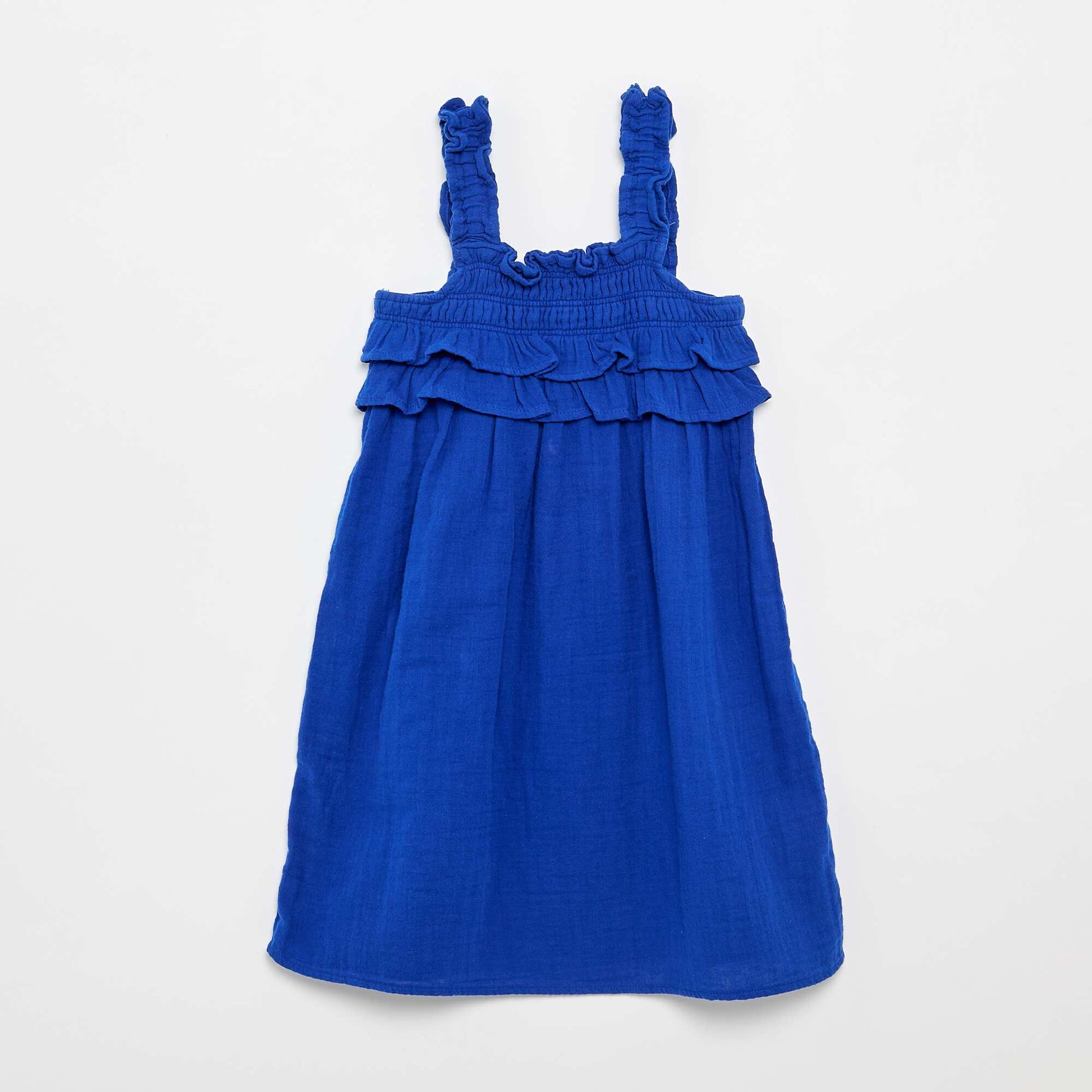 Robe à bretelles smokée avec volants BLEU