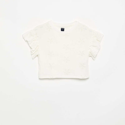 T-shirt crop avec broderie anglaise BLANC