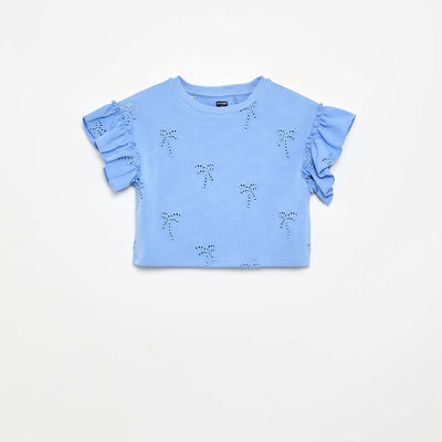 T-shirt crop avec broderie anglaise BLEU