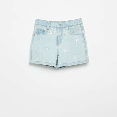 Short brodé en denim BLEU