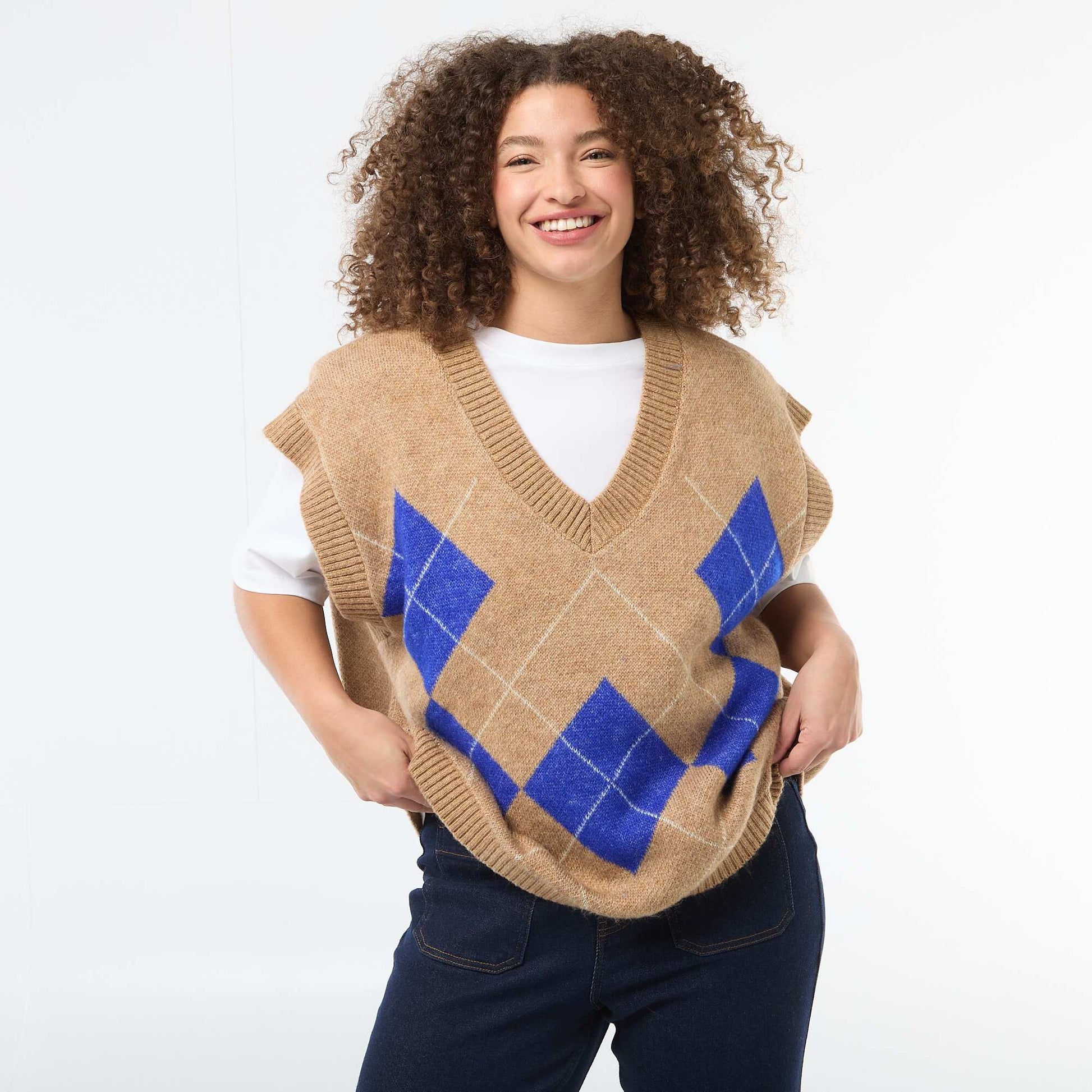 Pull jacquard sans manches BEIGE
