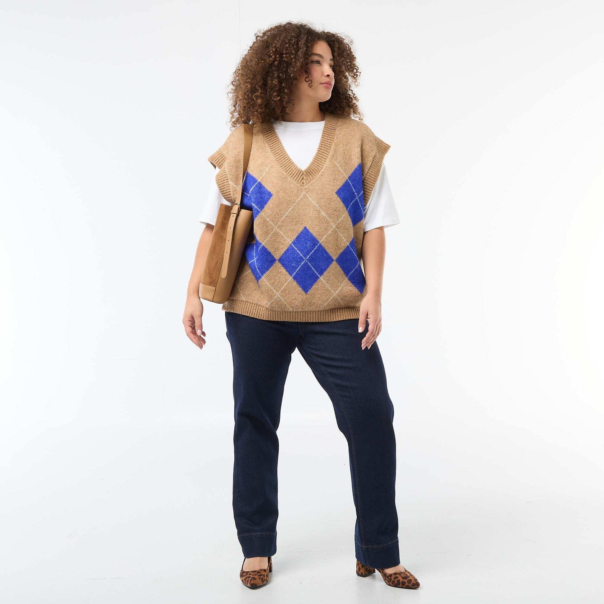 Pull jacquard sans manches BEIGE