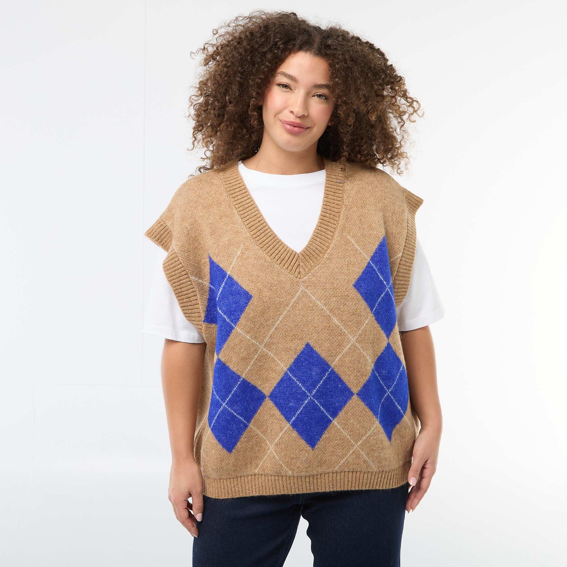 Pull jacquard sans manches BEIGE