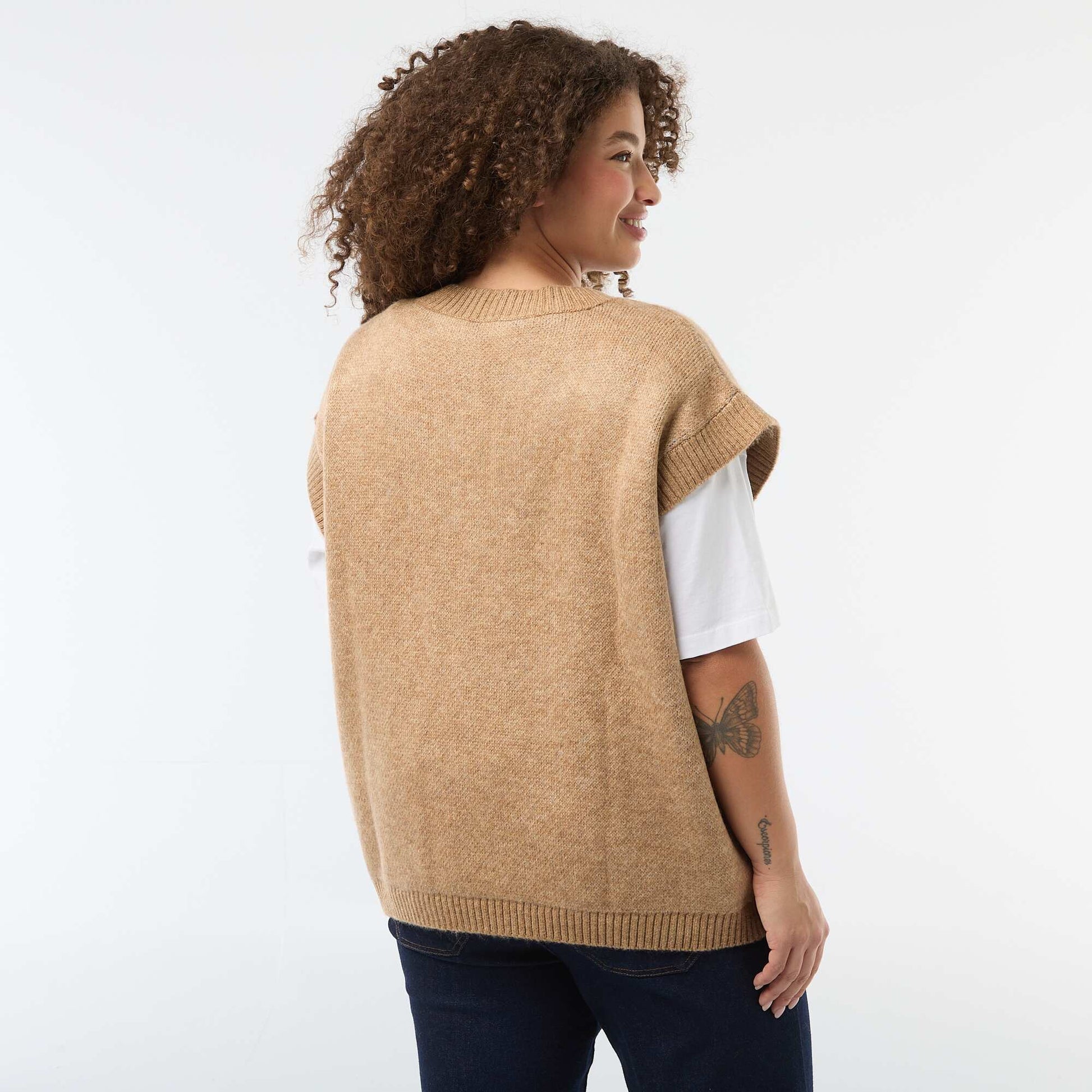 Pull jacquard sans manches BEIGE