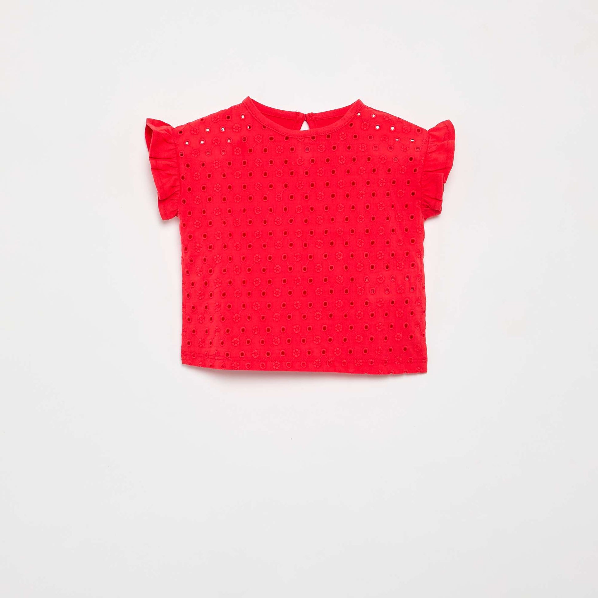 T-shirt à manches courtes volantées et broderies anglaises ROUGE