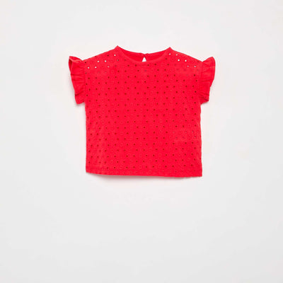 T-shirt à manches courtes volantées et broderies anglaises ROUGE