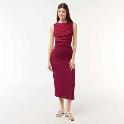 Robe longue drapée et gaufrée ROUGE