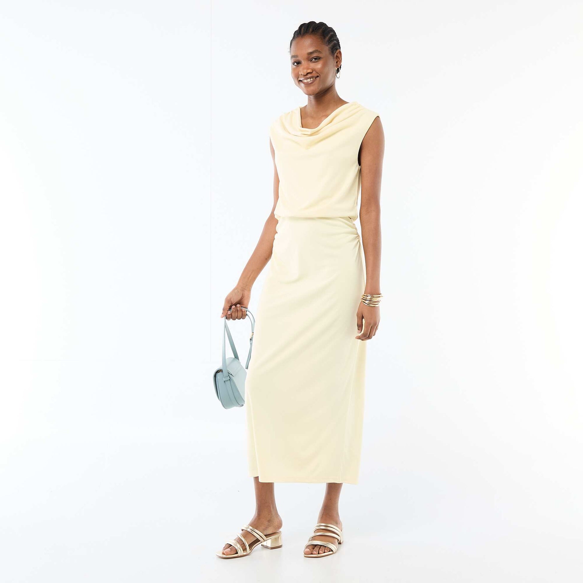 Robe longue drapée avec col bénitier JAUNE