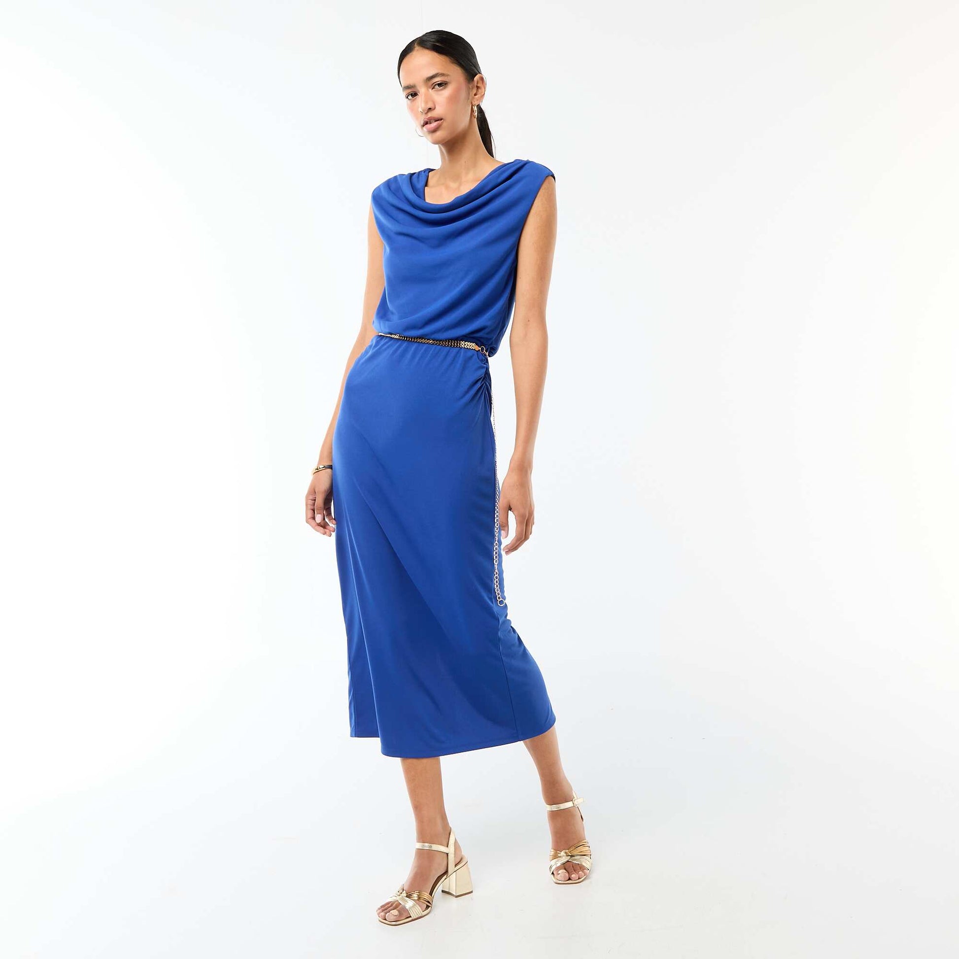 Robe longue drapée avec col bénitier BLEU