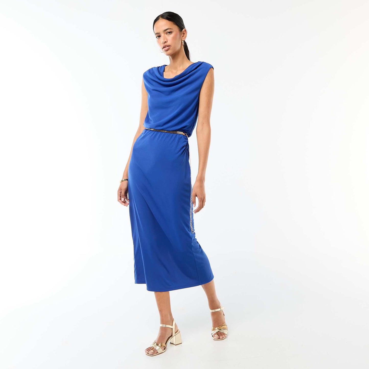 Robe longue drapée avec col bénitier BLEU