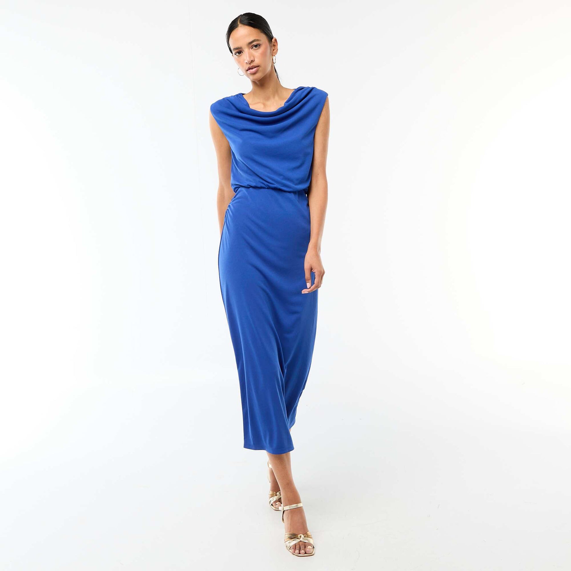Robe longue drapée avec col bénitier BLEU