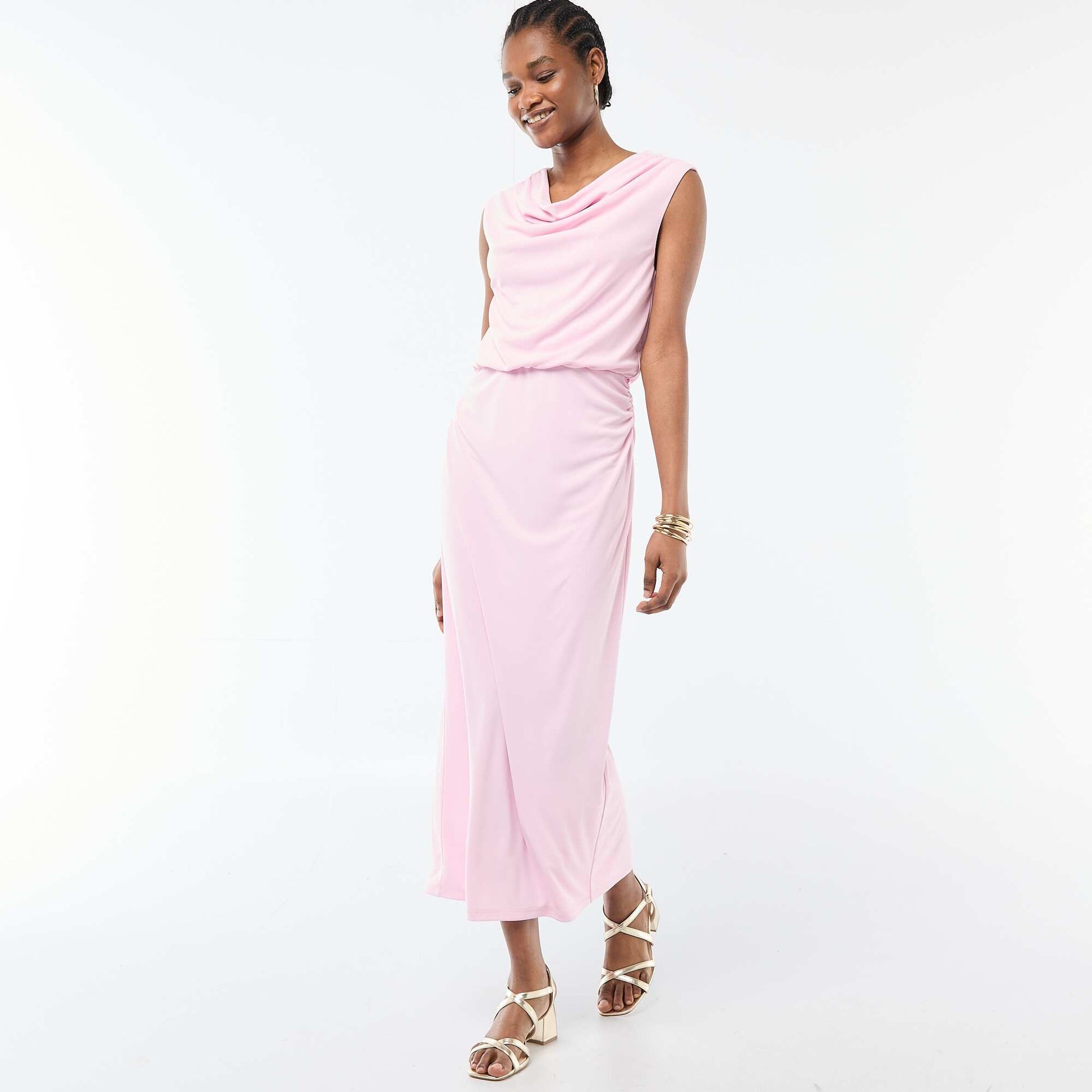 Robe longue drapée avec col bénitier ROSE