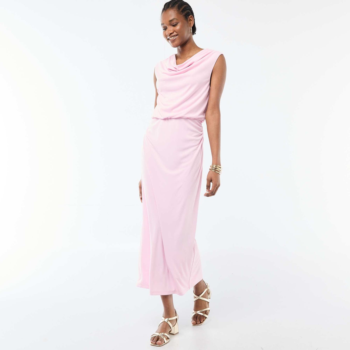 Robe longue drapée avec col bénitier ROSE