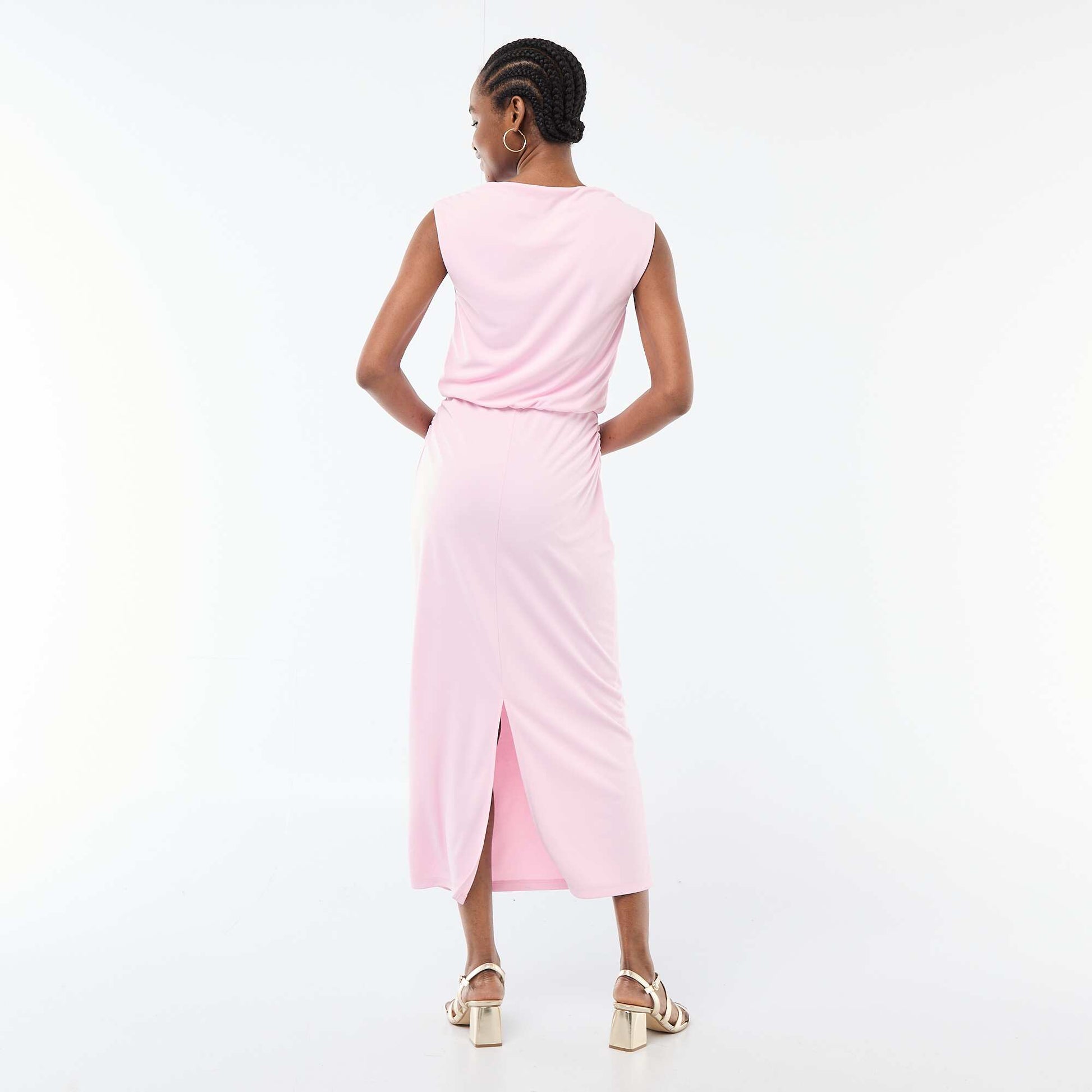 Robe longue drapée avec col bénitier ROSE