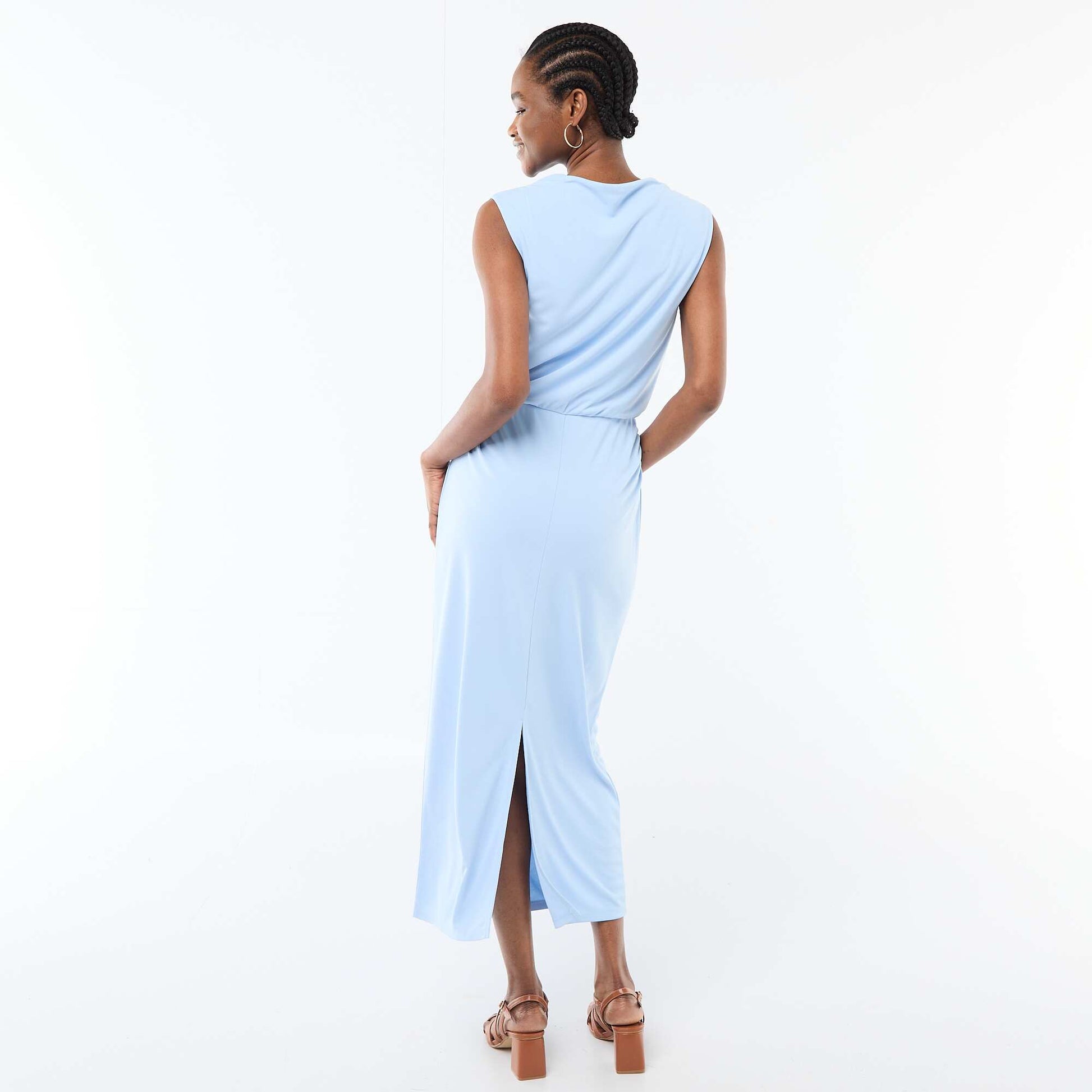 Robe longue drapée avec col bénitier BLEU