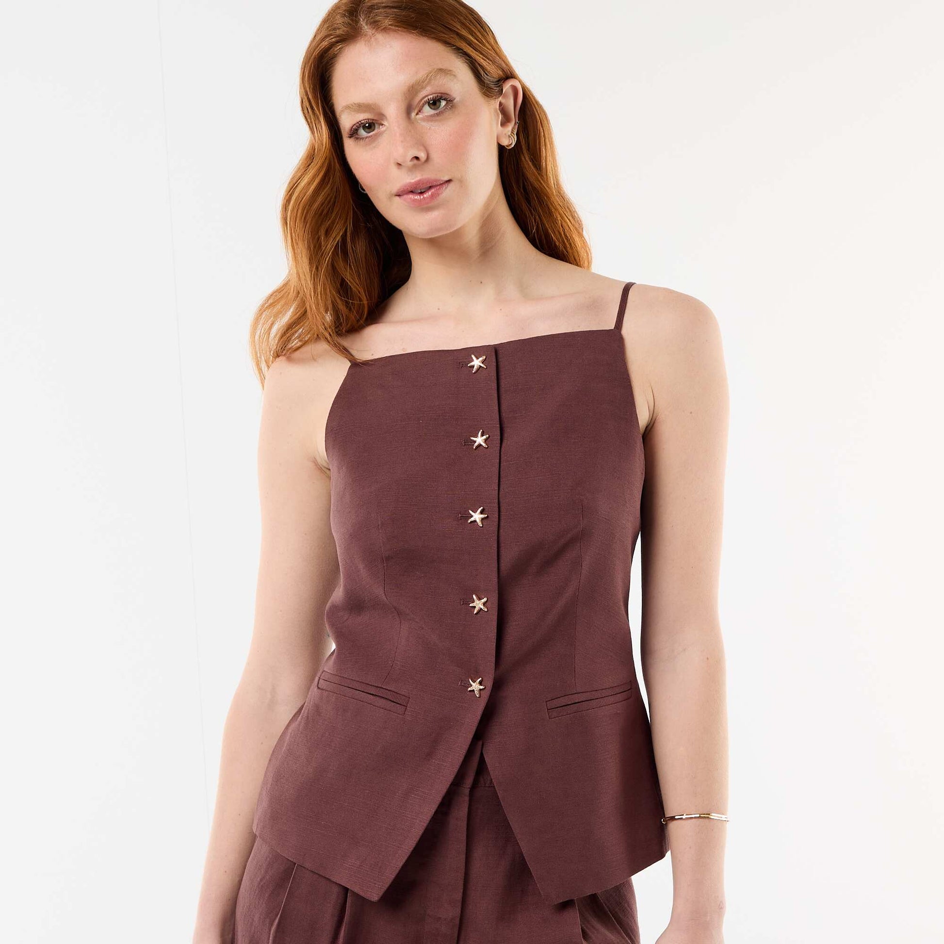Top en lin esprit veste sans manches MARRON