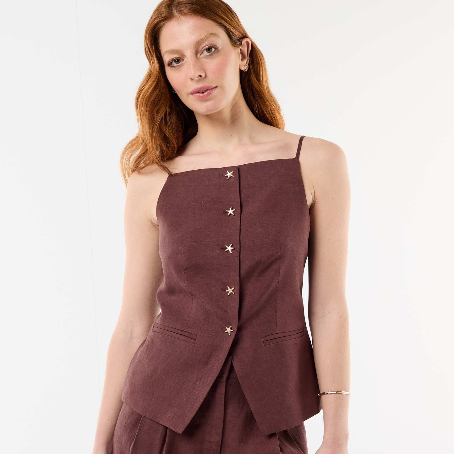 Top en lin esprit veste sans manches MARRON