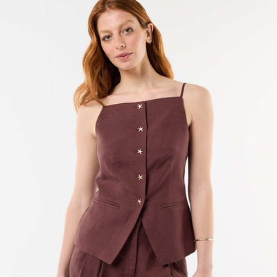 Top en lin esprit veste sans manches MARRON