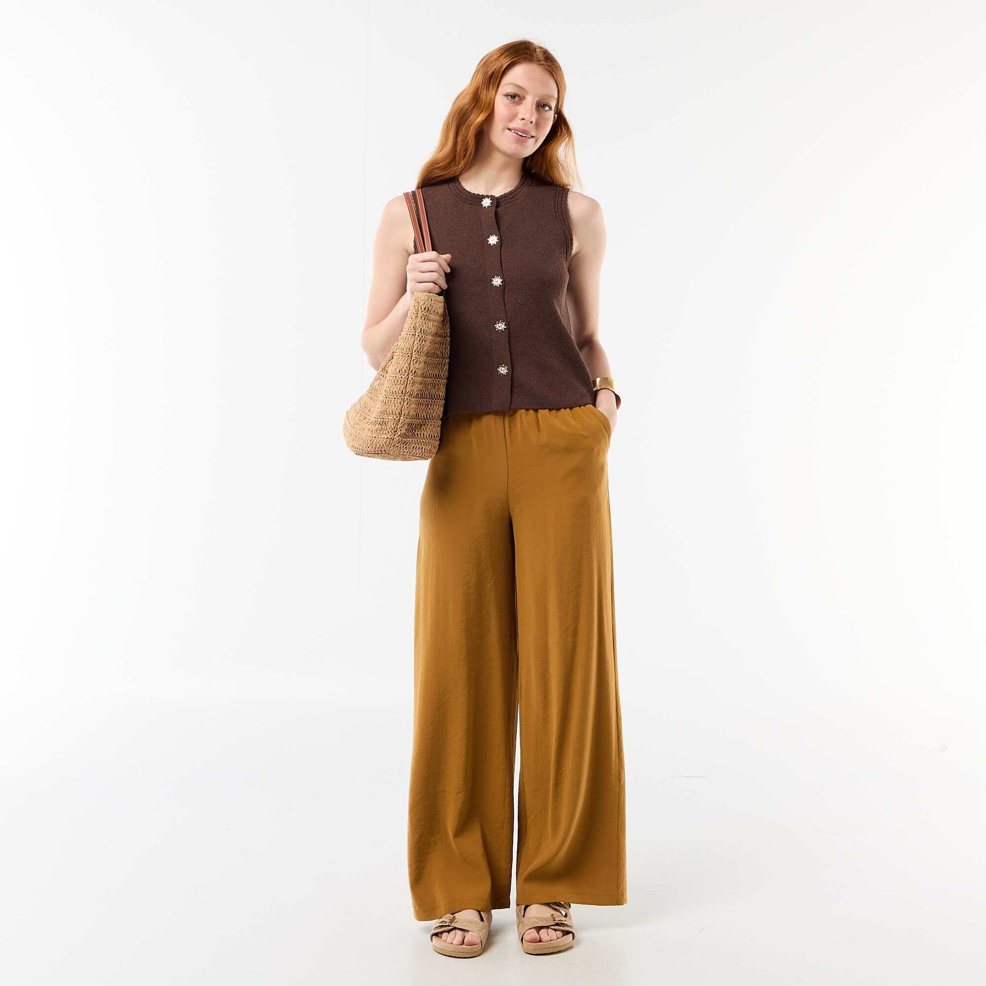 Pantalon large en matière fluide MARRON
