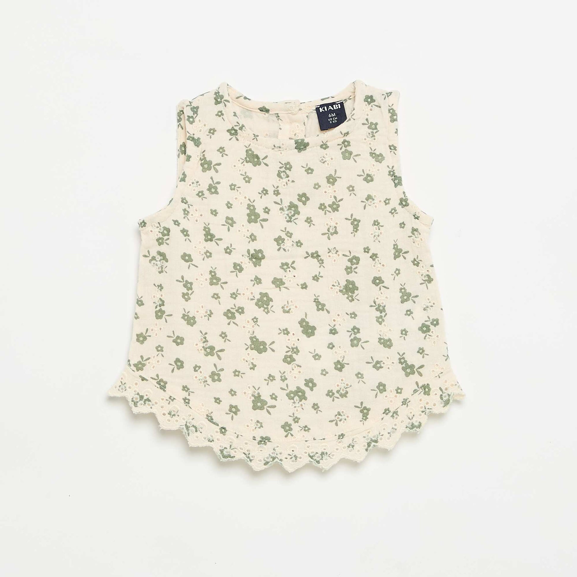 Blouse sans manches en gaze de coton avec broderies anglaises BEIGE
