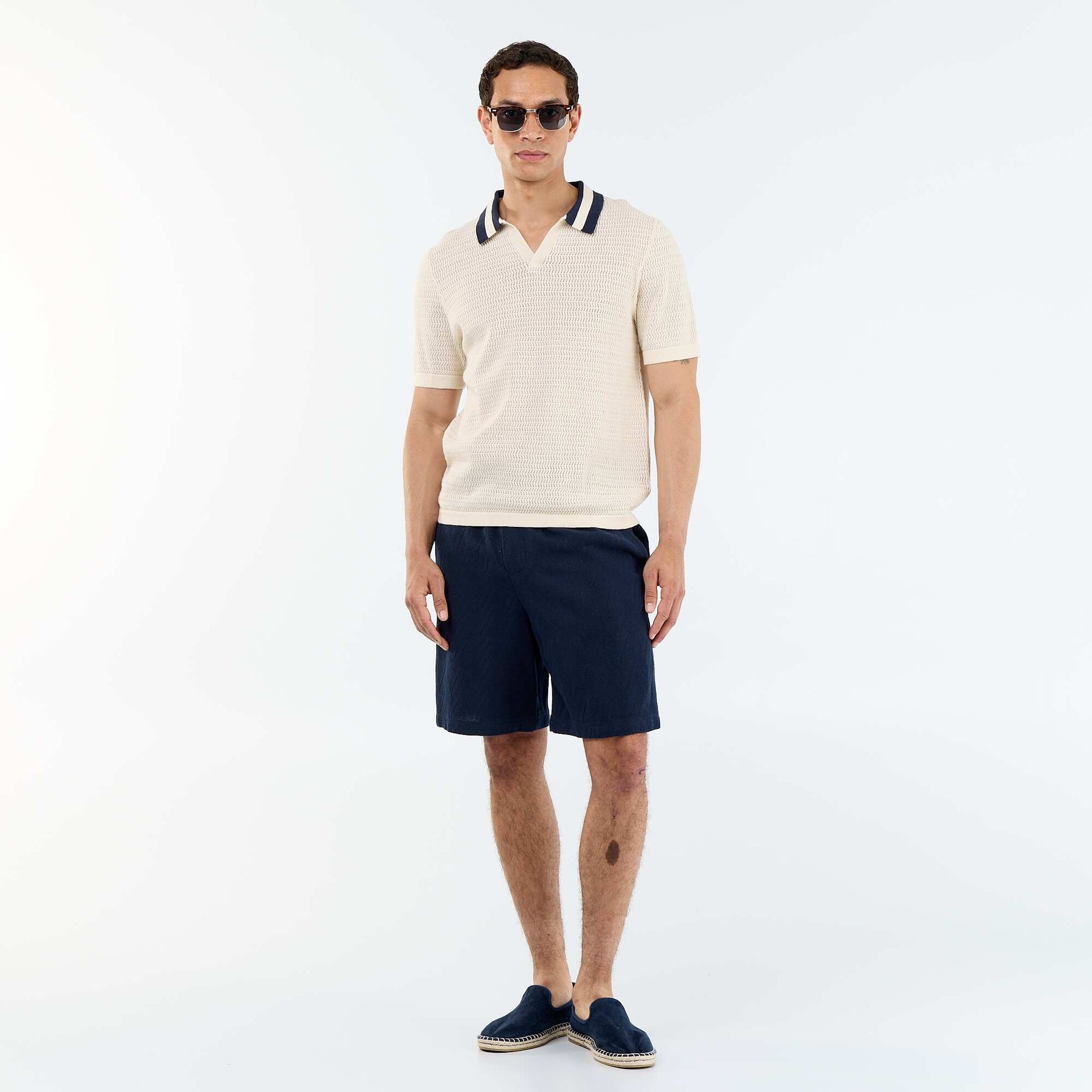 Polo en maille ajourée à manches courtes BEIGE