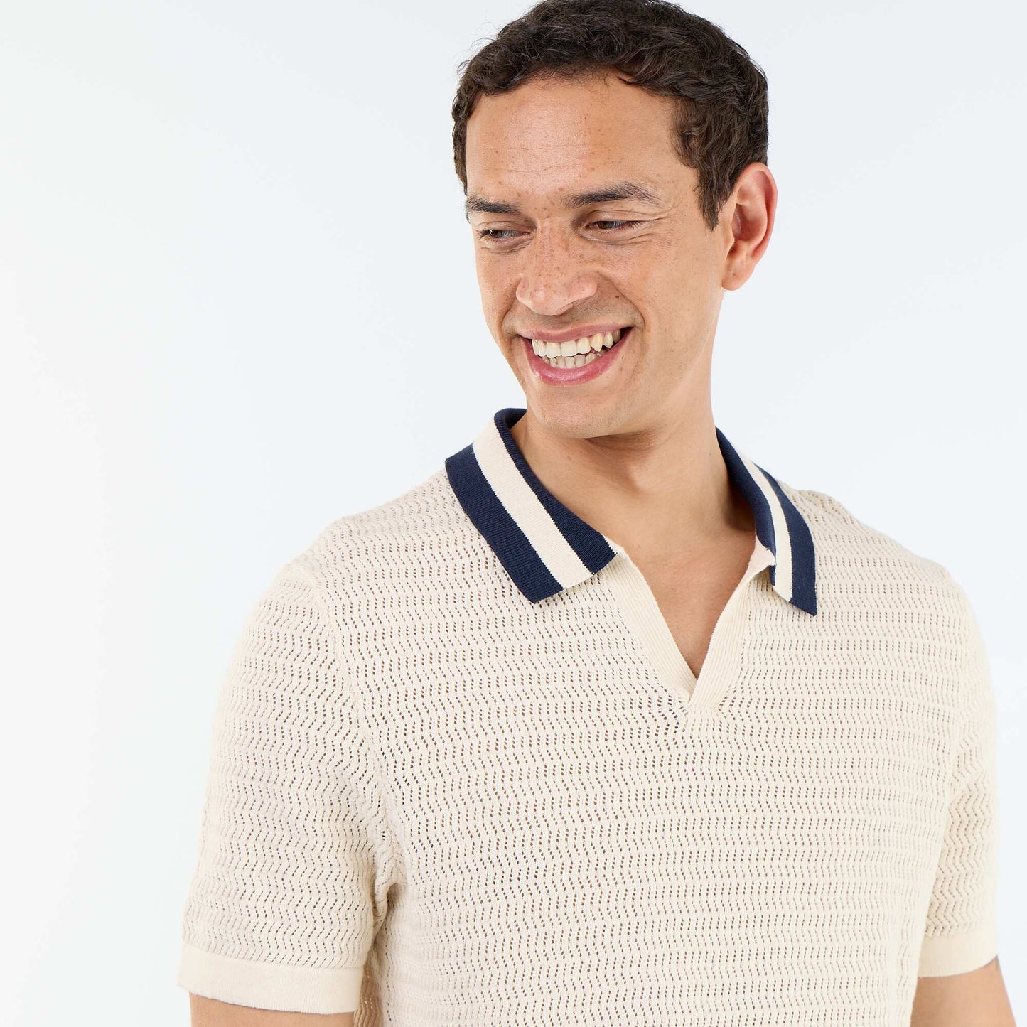 Polo en maille ajourée à manches courtes BEIGE