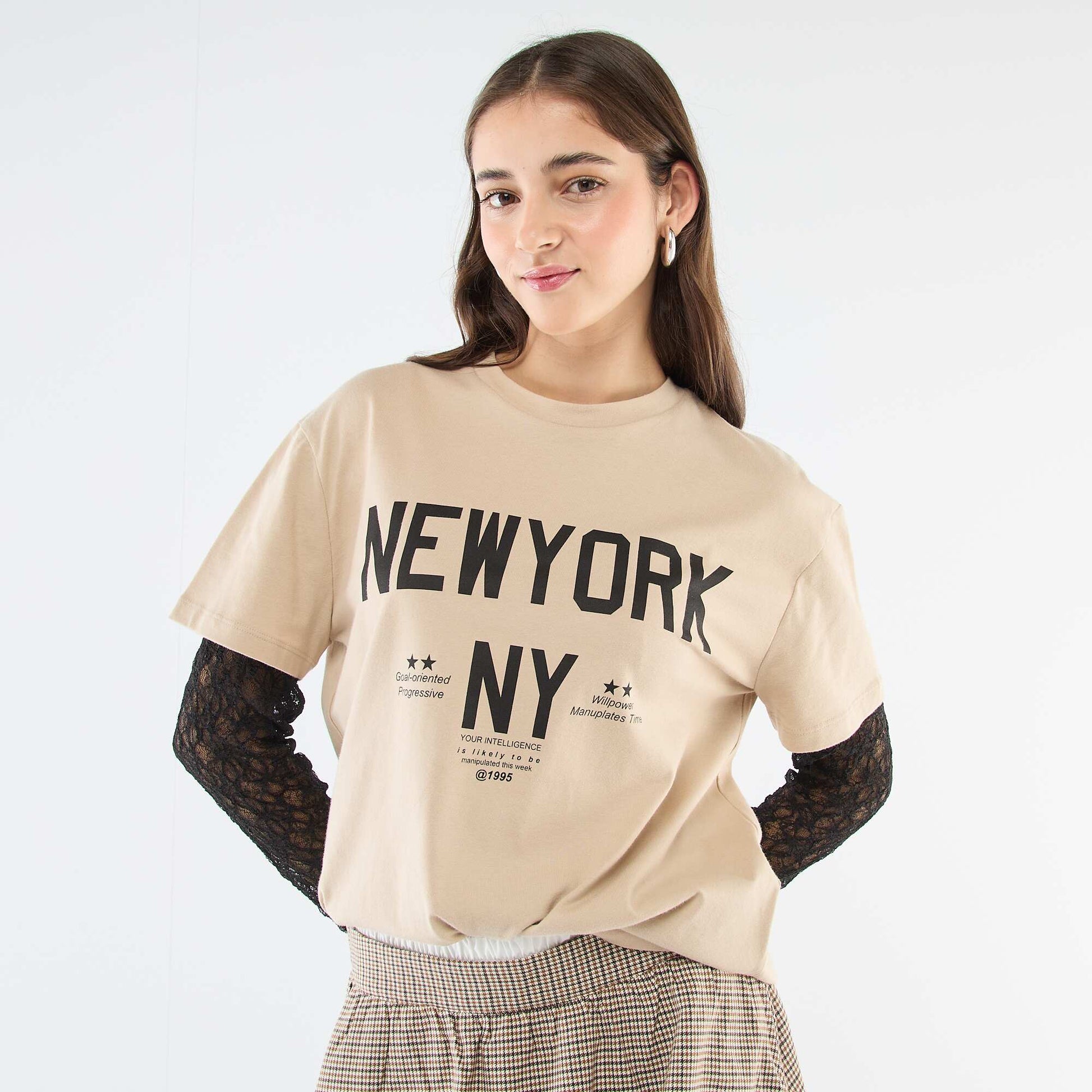 Tee-shirt 2-en-1 avec dentelle BEIGE