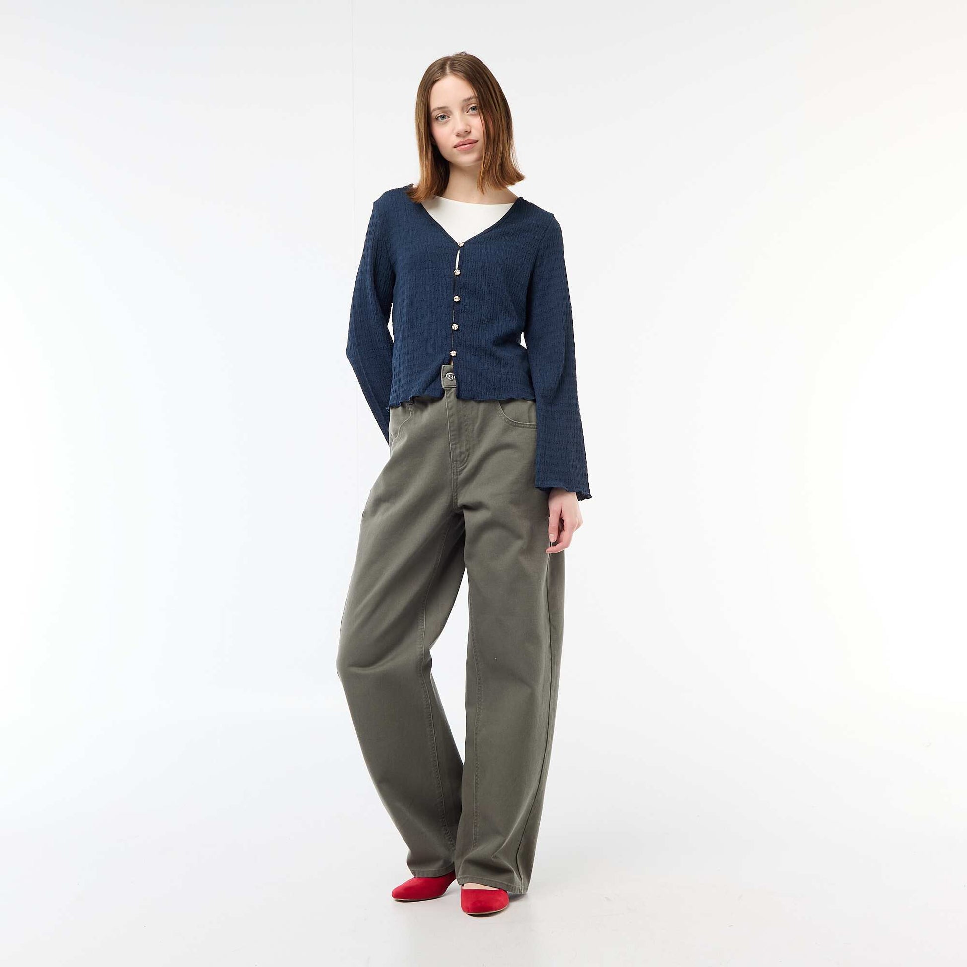 Haut col V en maille gaufrée avec boutons dorés BLEU