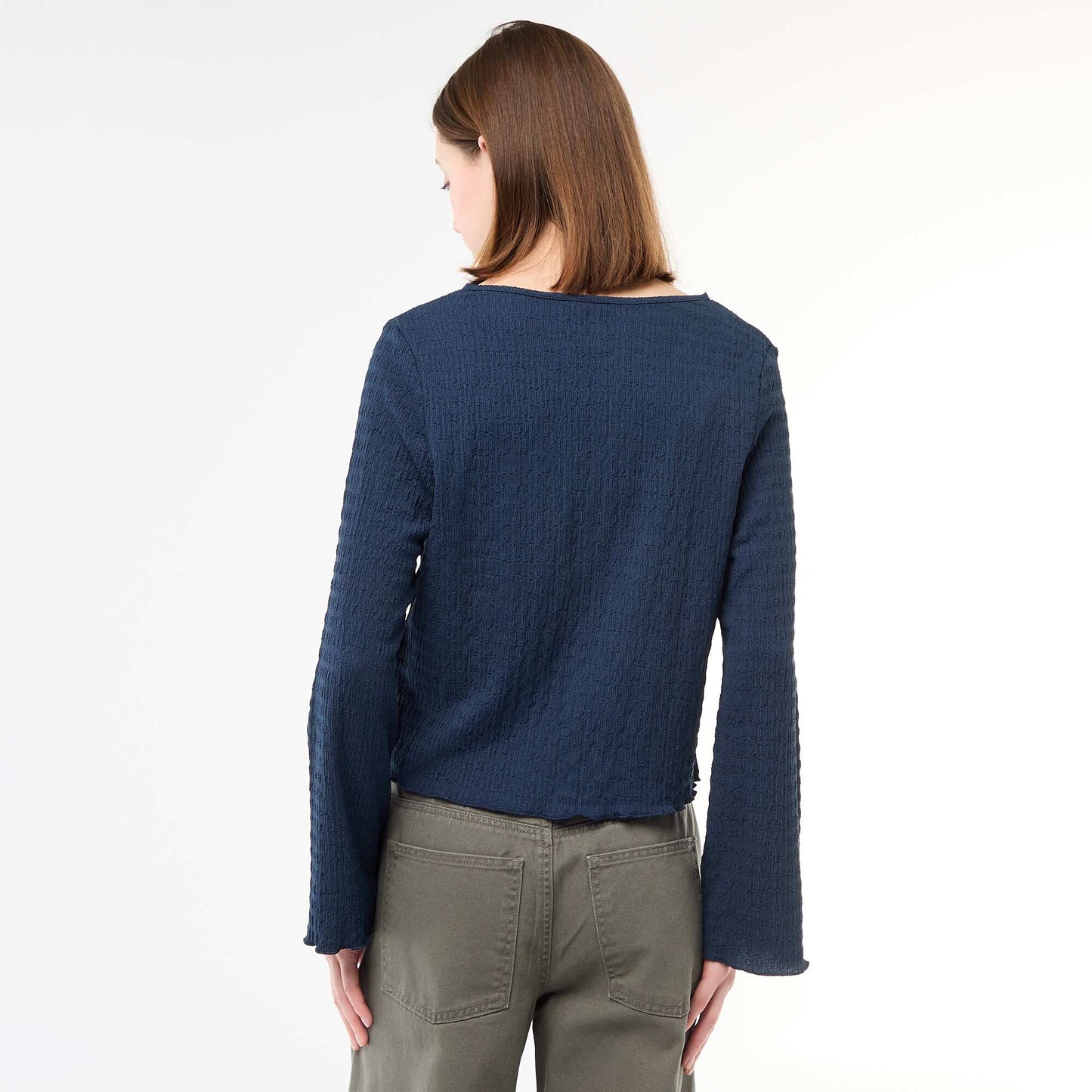 Haut col V en maille gaufrée avec boutons dorés BLEU