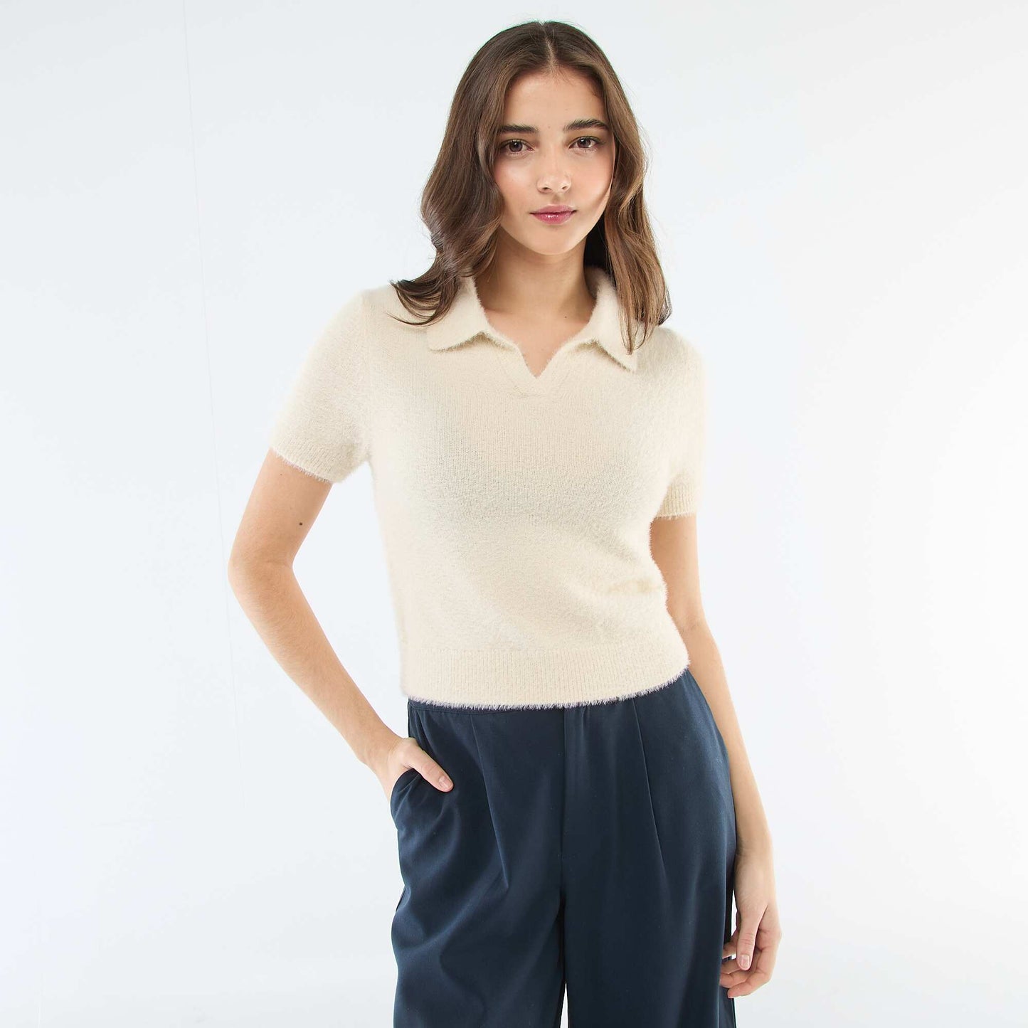 Pull manches courtes maille poilue BEIGE