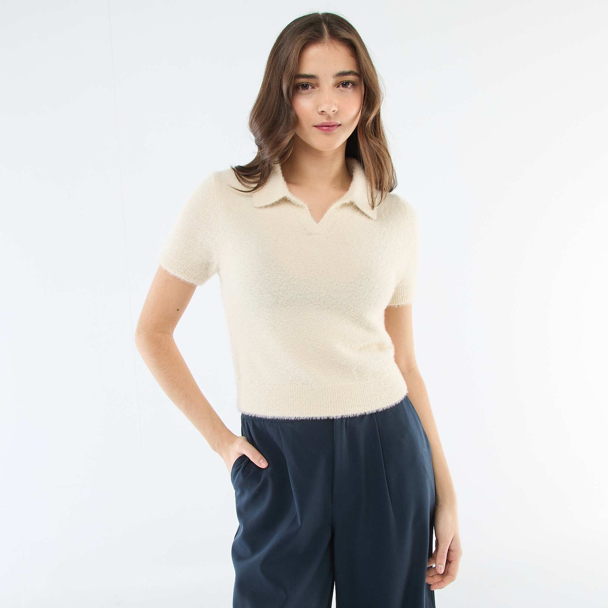 Pull manches courtes maille poilue BEIGE