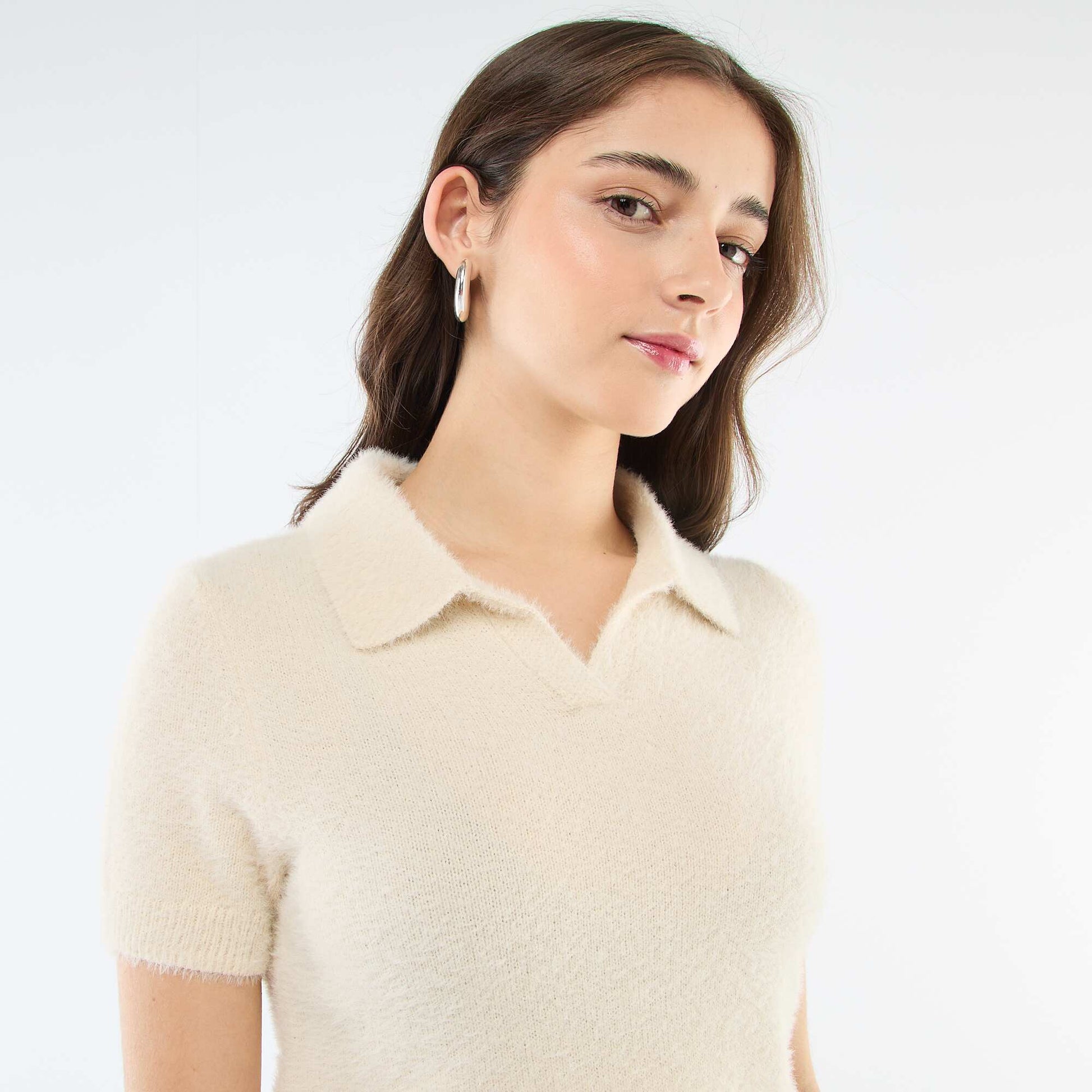 Pull manches courtes maille poilue BEIGE