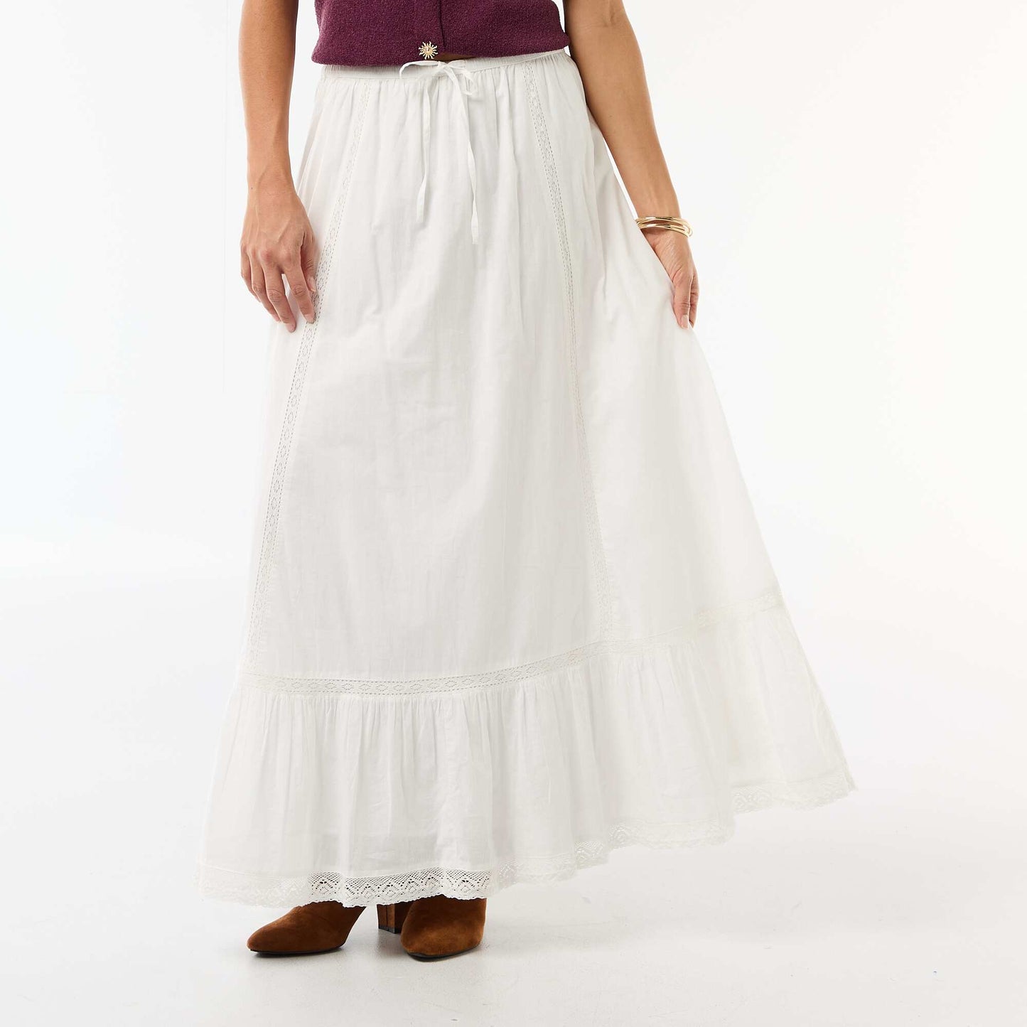 Jupe longue évasée avec macramé BLANC