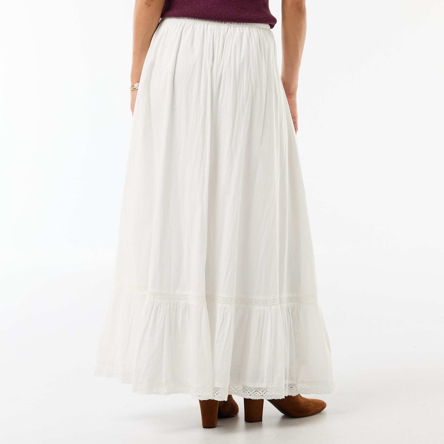 Jupe longue évasée avec macramé BLANC