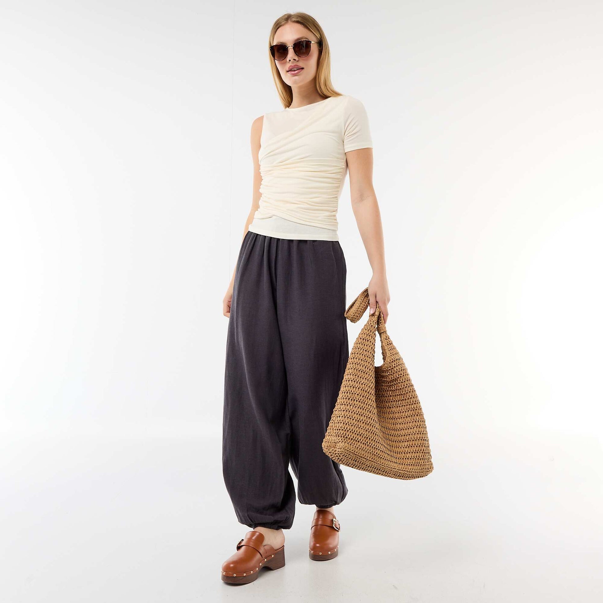 Pantalon large uni ceinture élastiquée GRIS