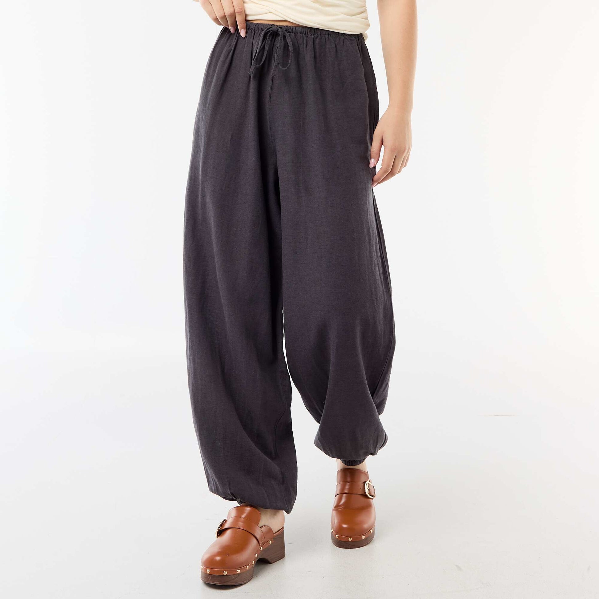 Pantalon large uni ceinture élastiquée GRIS