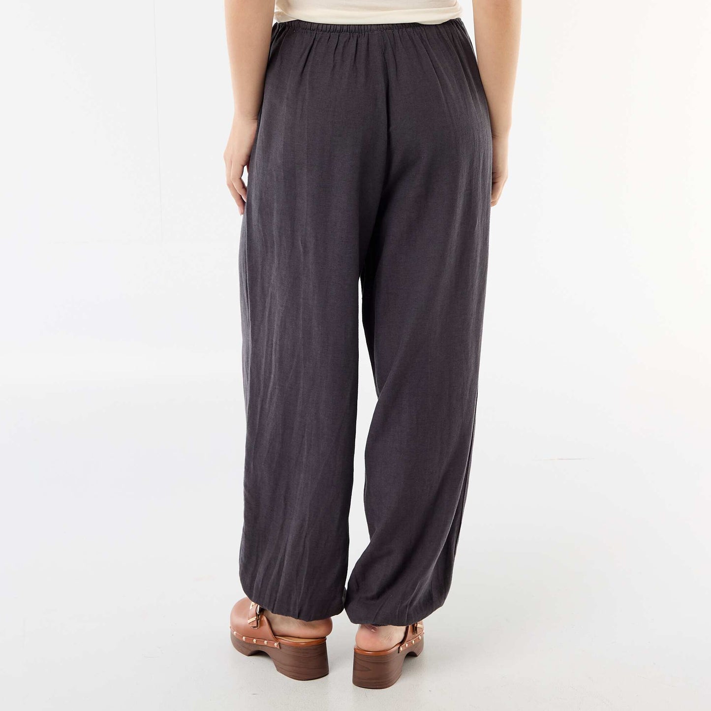 Pantalon large uni ceinture élastiquée GRIS