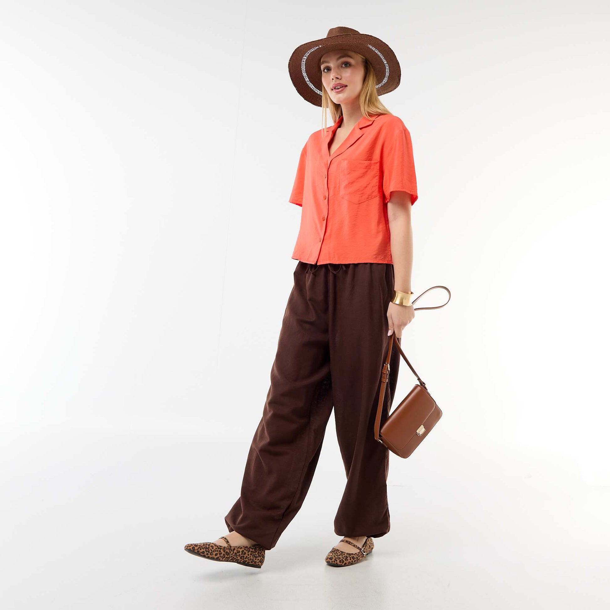 Pantalon large uni ceinture élastiquée MARRON