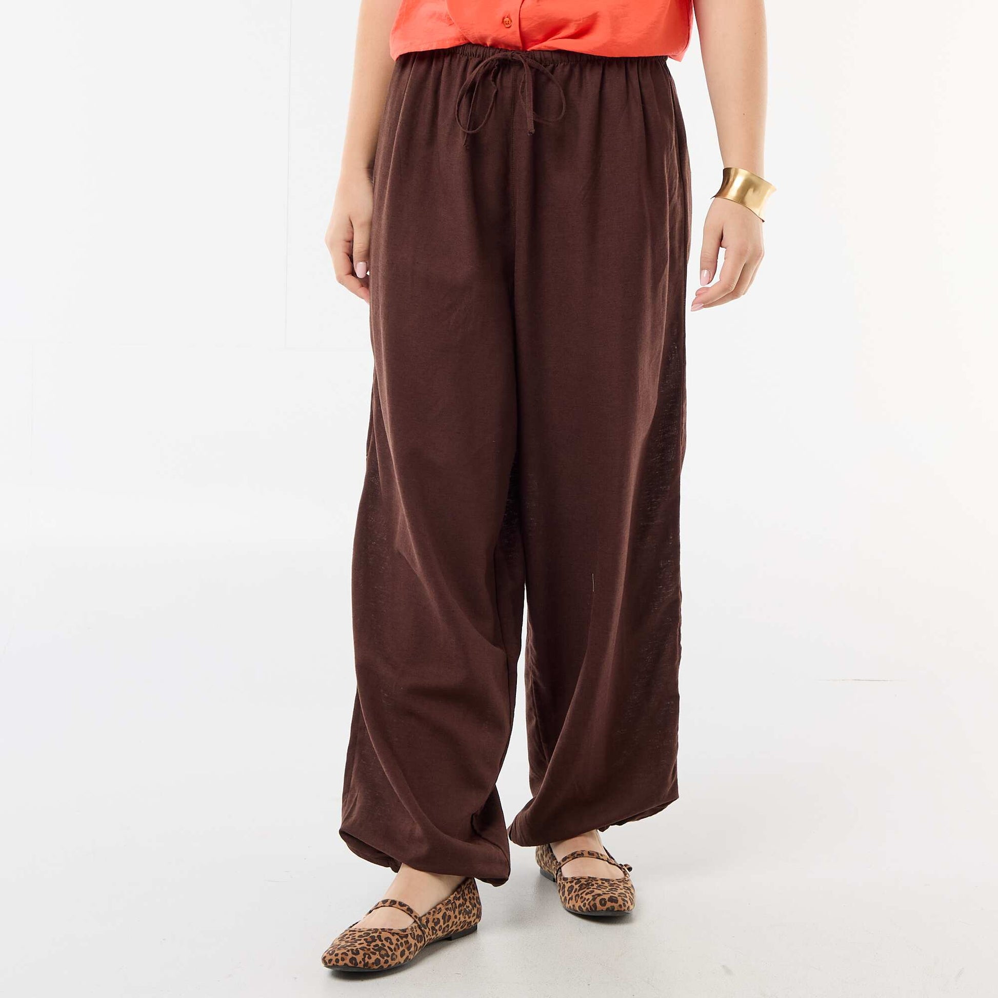 Pantalon large uni ceinture élastiquée MARRON