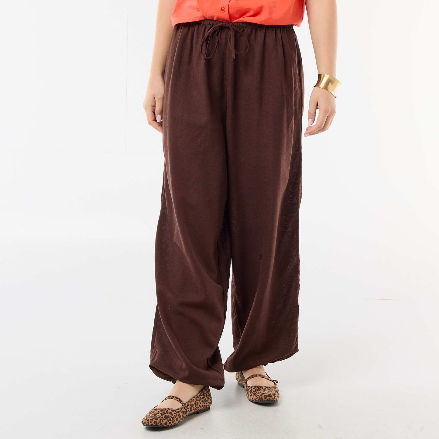 Pantalon large uni ceinture élastiquée MARRON