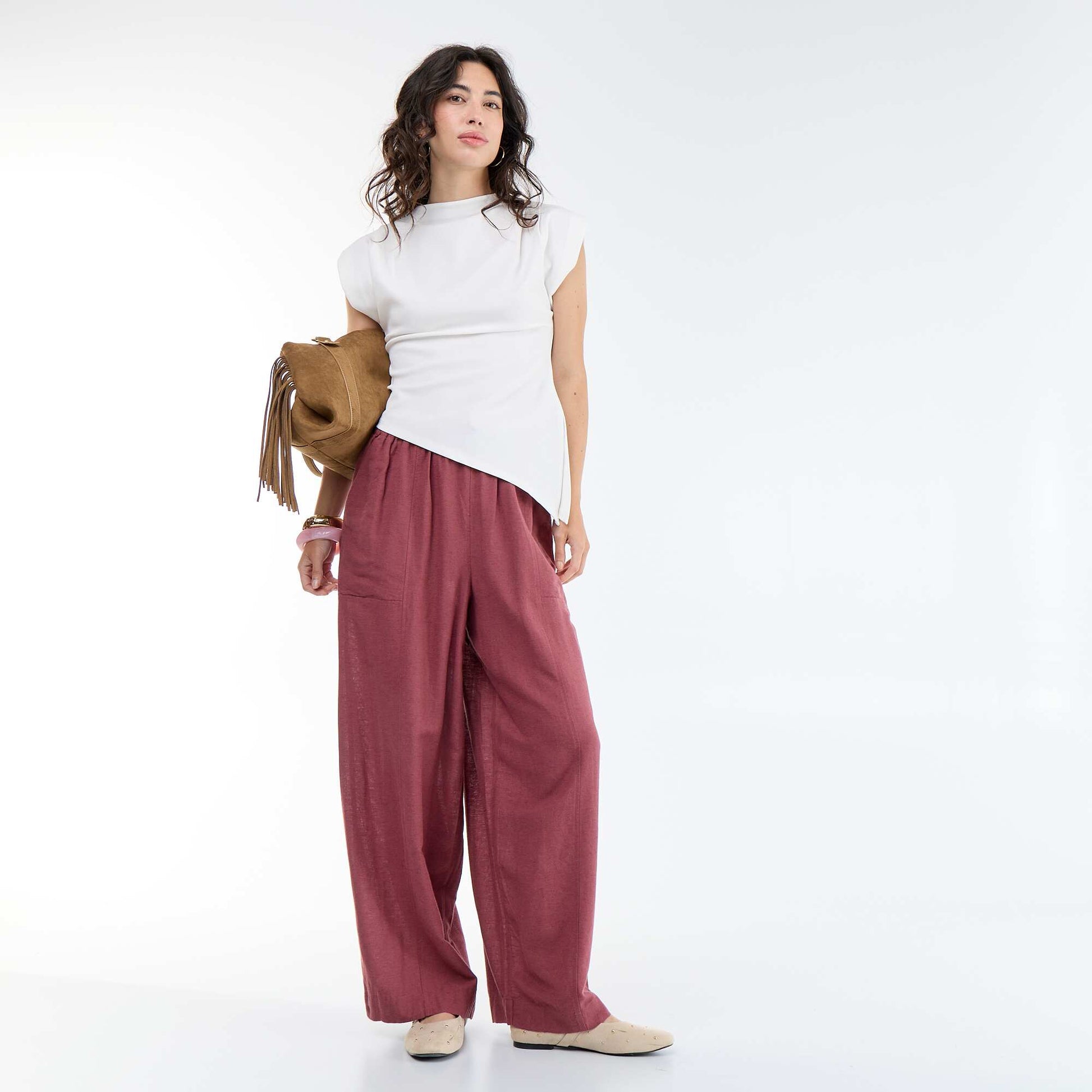 Pantalon large uni à taille haute pour femme ROSE