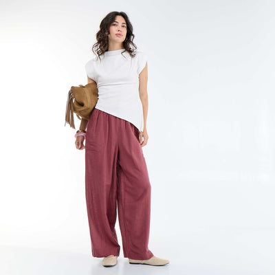 Pantalon large uni à taille haute pour femme ROSE