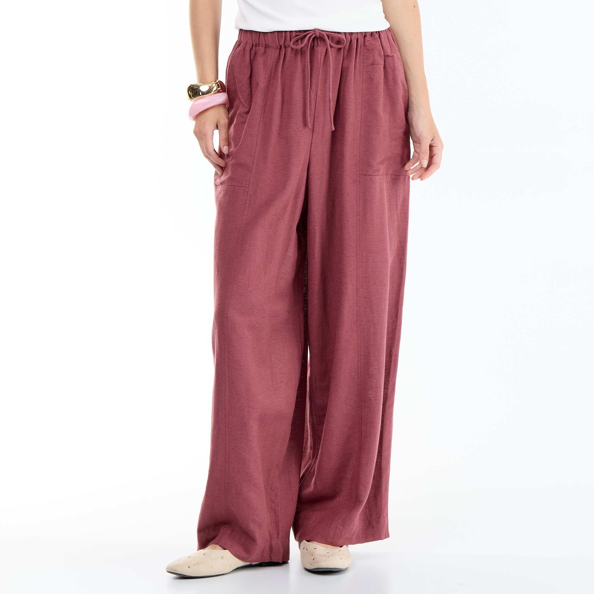 Pantalon large uni à taille haute pour femme ROSE